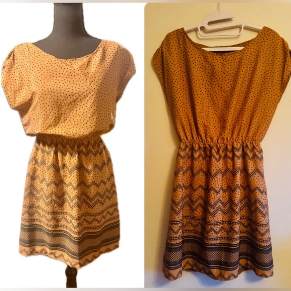 Tan & Black Polka Dot Patterned Mini Dress S-L - Picture 1 of 7